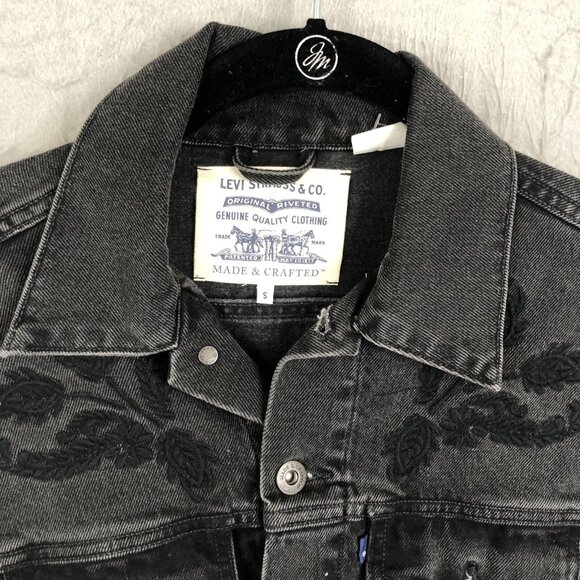 Levis Jean Jacket S Black Faded Made & Crafter Upcycled Boutique Cutouts Biker - Picture 7 of 16